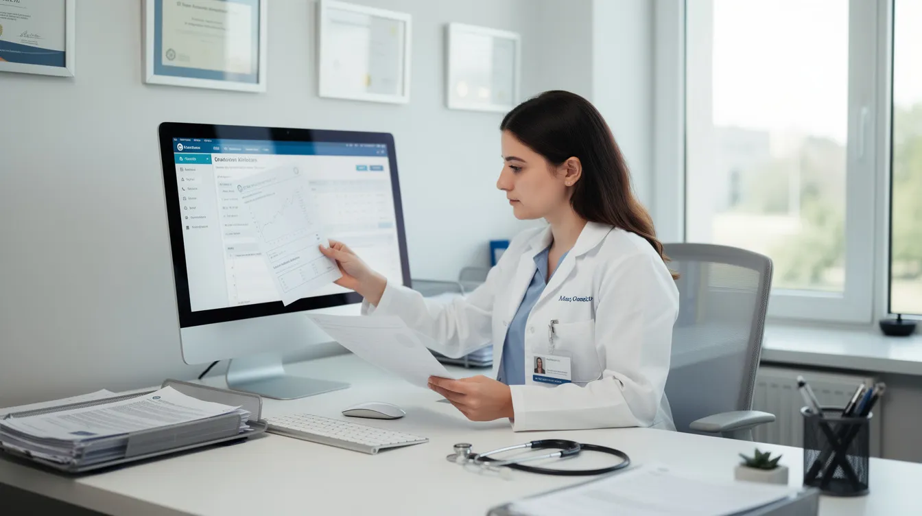 A healthcare professional is seated at a modern office desk, focused on reviewing documents displayed on a computer monitor, which likely include medical records and coding information. This setting highlights the important role of medical coders in ensuring accurate billing and documentation for healthcare services.