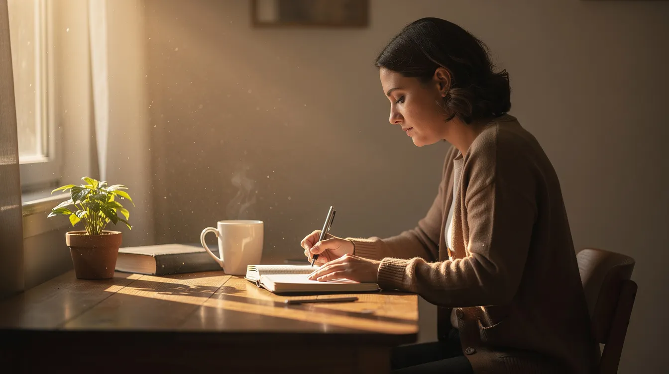 A person sits at a desk, writing in a journal while morning light filters through a window, creating a peaceful atmosphere ideal for reflecting on sleep issues and improving sleep quality. The scene suggests a moment of calm, potentially aiding in developing a better sleep schedule and addressing chronic insomnia.