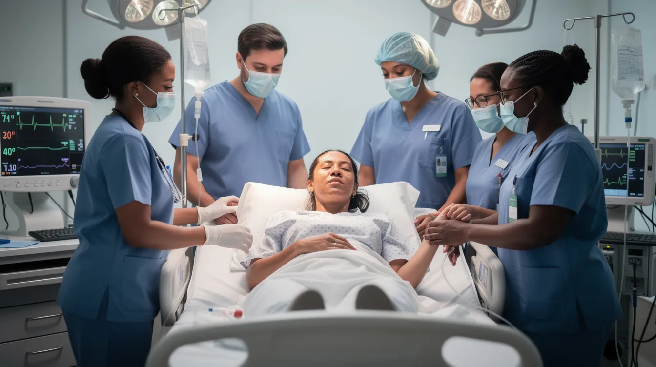 A team of medical professionals is attending to a patient in a hospital delivery room, ensuring the well-being of both the mother and baby during the birthing process. They are prepared to address any potential labor and delivery complications, including common birth injuries and severe birth injuries that may arise.