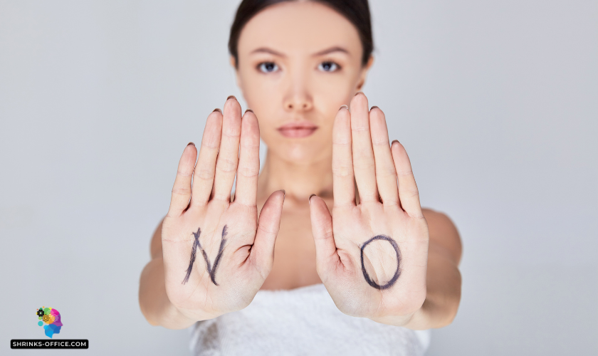 A woman saying 'no' to any form of domestic violence