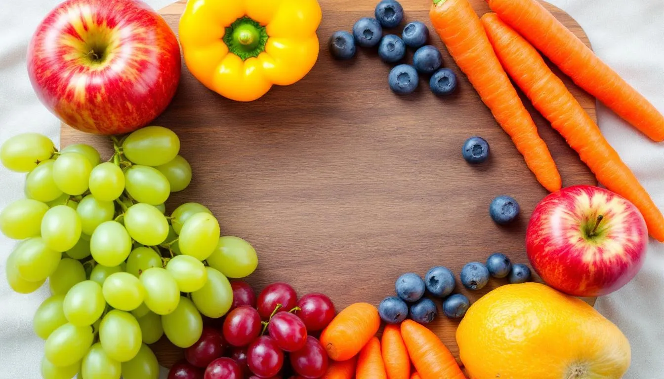 A vibrant assortment of fresh fruits and vegetables, ideal as tasty treats for dogs, is displayed in the image. These colorful options can be a healthy addition to your furry friend