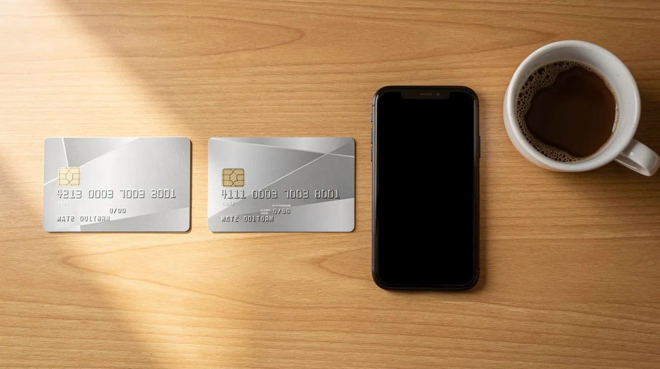 Auf einem hellen Holztisch liegen zwei Kreditkarten, eine Visa und eine Mastercard, nebeneinander. Daneben befinden sich ein Smartphone und eine Tasse Kaffee, was auf ein entspanntes Nutzungserlebnis beim Online Shopping hinweist.