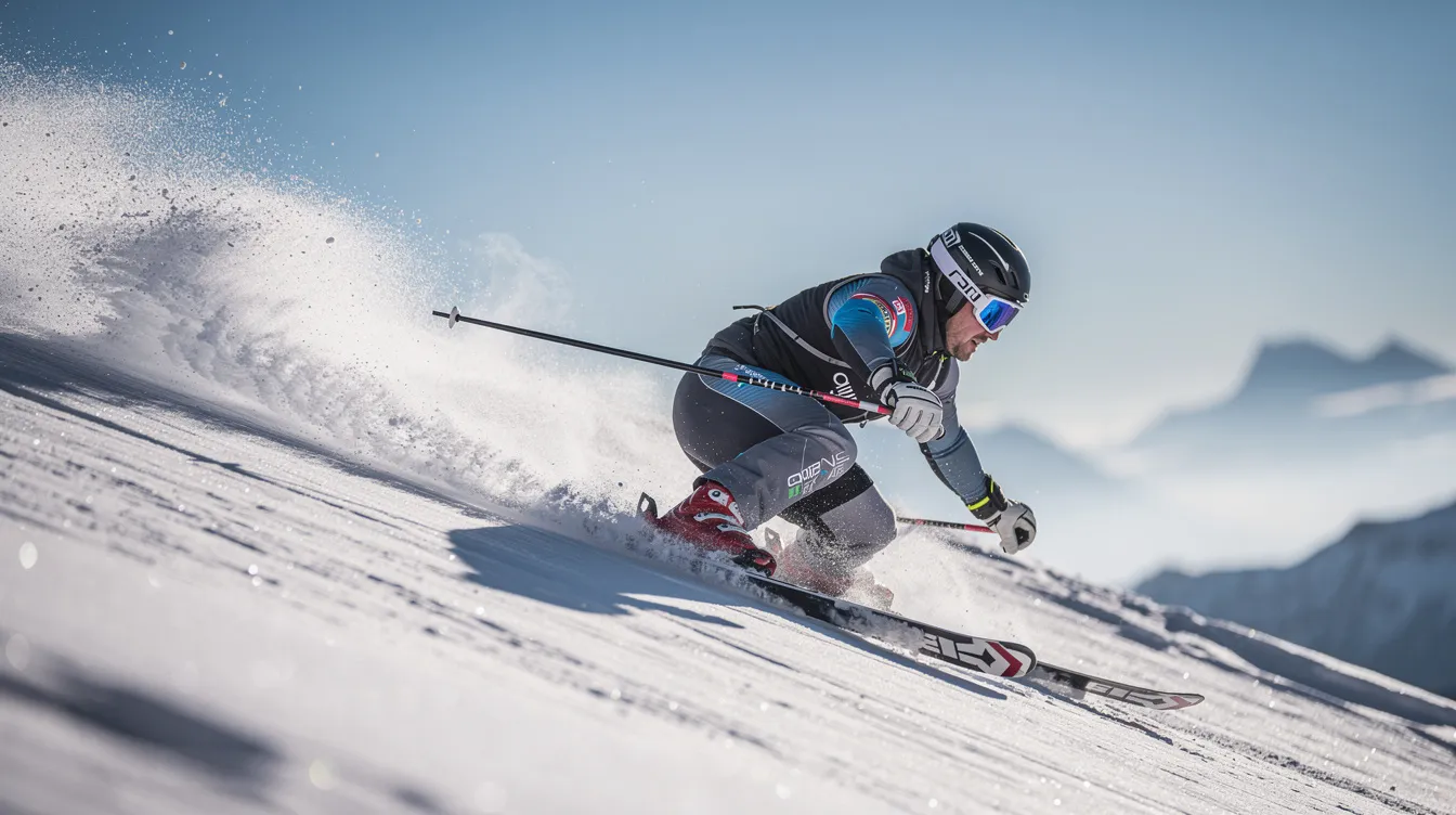 Ein fortgeschrittener Skifahrer führt einen Hockey Stopp aus, wobei Schnee aufspritzend um ihn herumwirbelt. Die Technik zeigt eine präzise Kontrolle und Position, während er auf der Skipiste seine Geschwindigkeit reduziert.