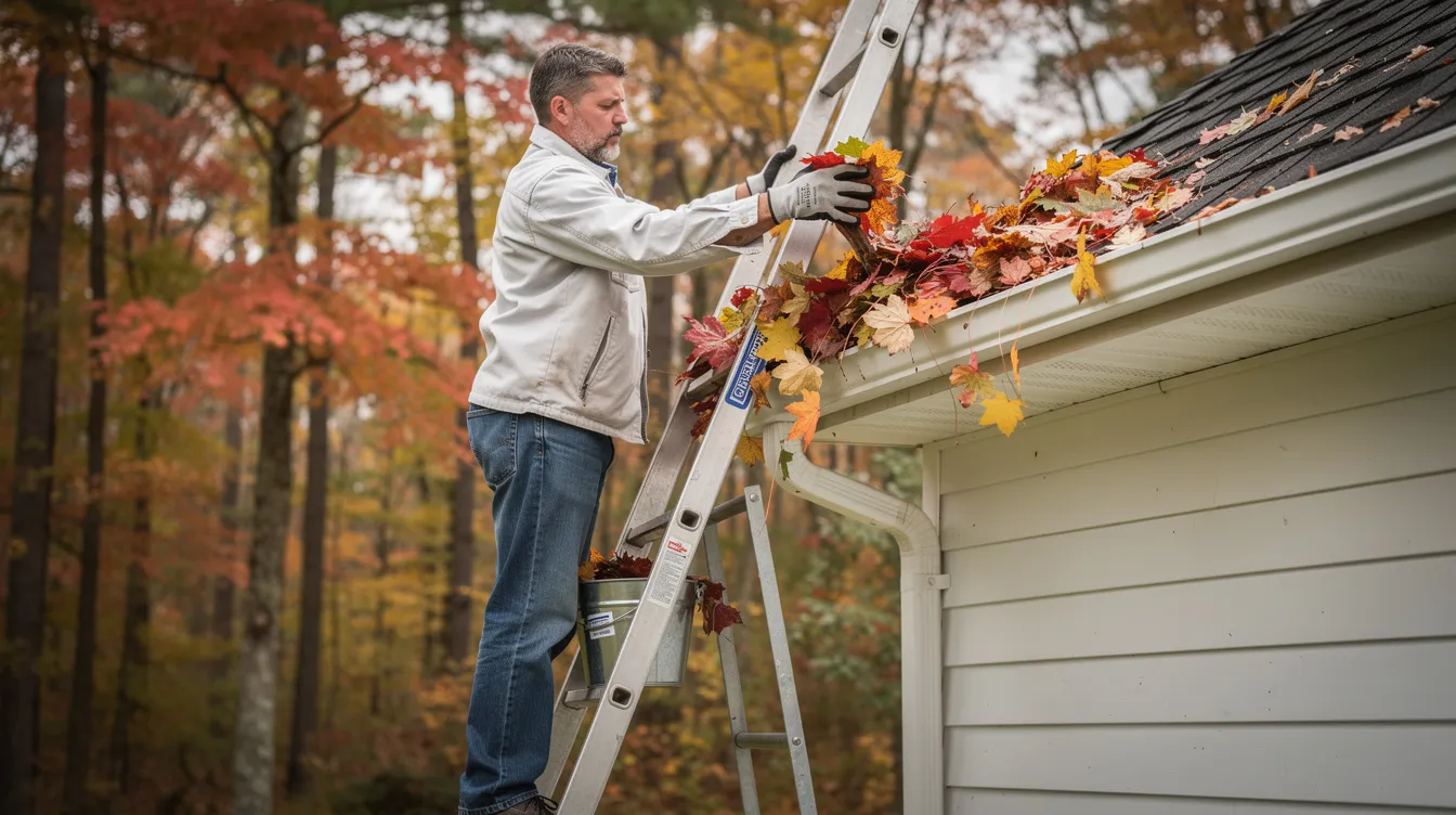 A person is on a ladder cleaning out fall leaves and other debris from a house gutter, with trees shedding their colorful foliage in the background. This task is part of a fall home maintenance checklist to prevent clogged gutters and ensure proper drainage before winter weather arrives.