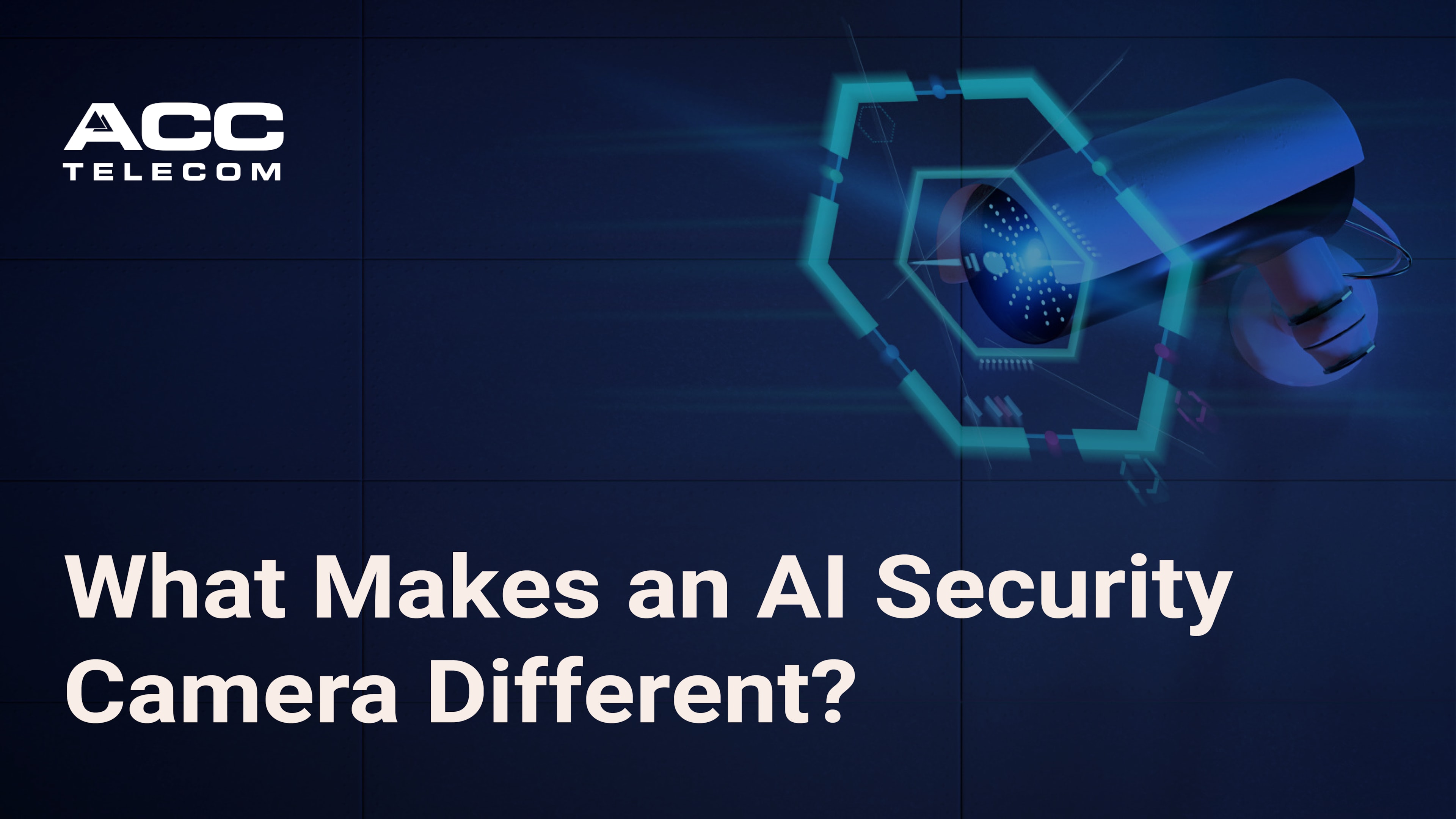AI-enhanced security camera with futuristic overlay graphics, emphasizing advanced video analytics and how an AI security camera differs from standard options.