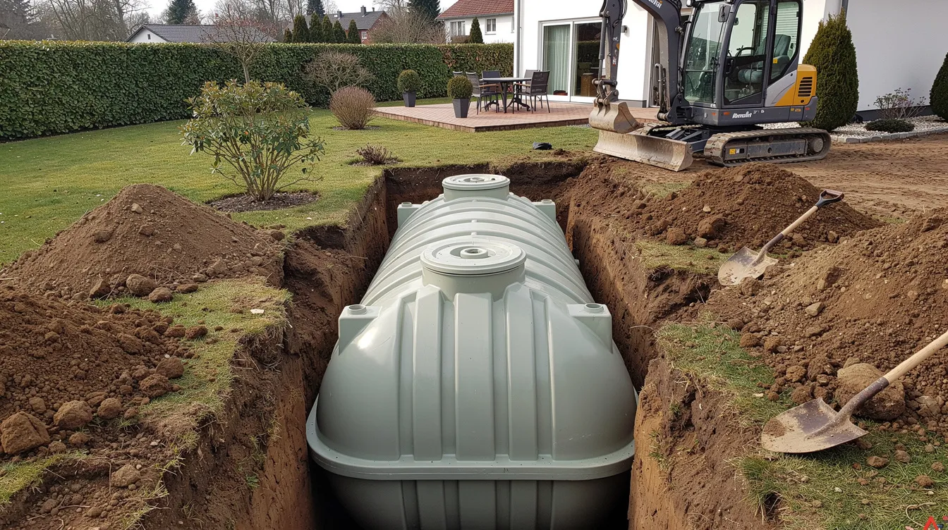 L'image montre une grande cuve en polyéthylène enterrée dans un jardin, avec des travaux de terrassement en cours autour d'elle. Cette cuve est destinée à la récupération d'eau de pluie, permettant ainsi de stocker l'eau pour des usages tels que l'arrosage des plantes et le lavage, contribuant à des économies d'eau et à un impact environnemental réduit.