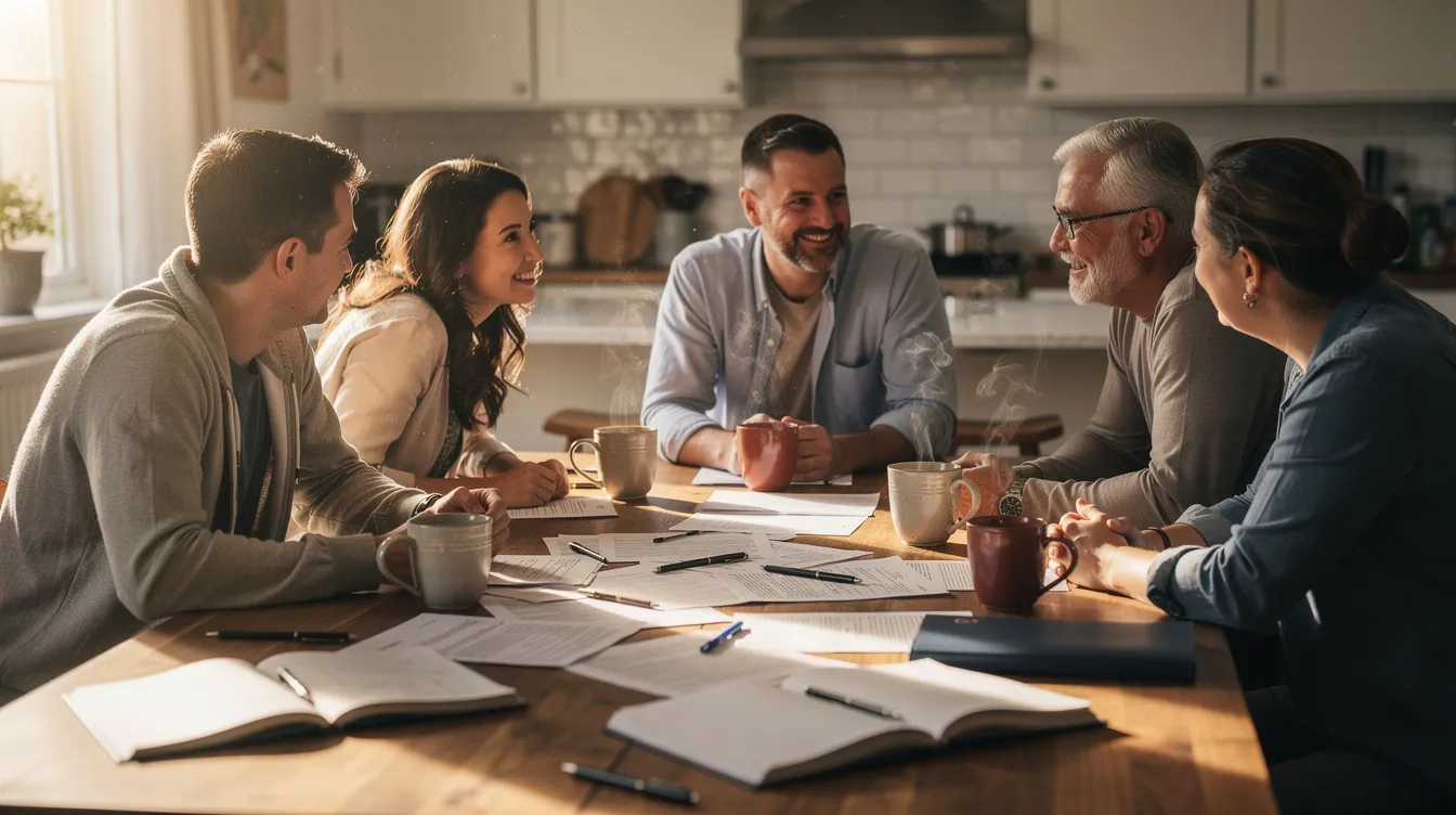 A warm family gathers around a kitchen table filled with paperwork and coffee mugs, illuminated by natural light from a nearby window. They are discussing important aspects of their estate plan, ensuring that their assets and property are organized for the benefit of their minor children.