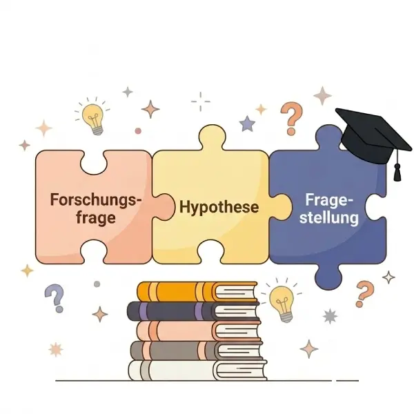 Unterschied zwischen Forschungsfrage, Hypothese und Fragestellung – Illustration mit Puzzleteilen und Büchern