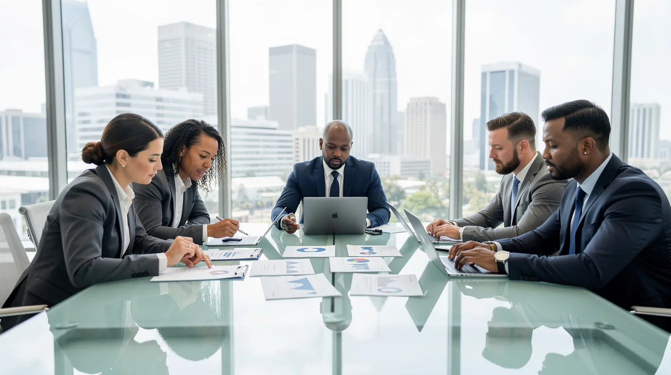 The image depicts a diverse business leadership team gathered around a sleek modern conference table, actively reviewing documents and a laptop. They are engaged in discussions about enterprise resource planning and improving business processes, reflecting a collaborative approach to enhancing operational efficiency and customer relationships.