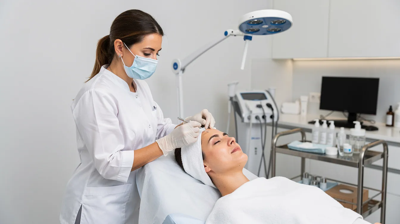 Una profesional médica está aplicando un tratamiento facial con inyecciones de botox a una paciente en un consultorio moderno, ubicado en el Upper East Side de Nueva York. La escena refleja un ambiente de cuidado y precisión, donde se busca mejorar la apariencia de la piel y reducir las líneas de expresión.