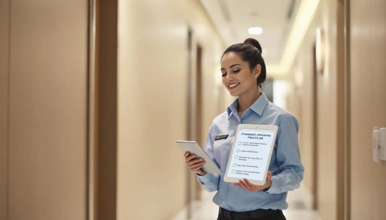 In the image, a hotel housekeeping staff member is consulting a digital tablet displaying the hotel's standard operating procedures (SOPs) checklist, ensuring that they adhere to the guidelines for room cleaning and guest satisfaction. This process highlights the importance of operational efficiency and consistent service in the hospitality industry.