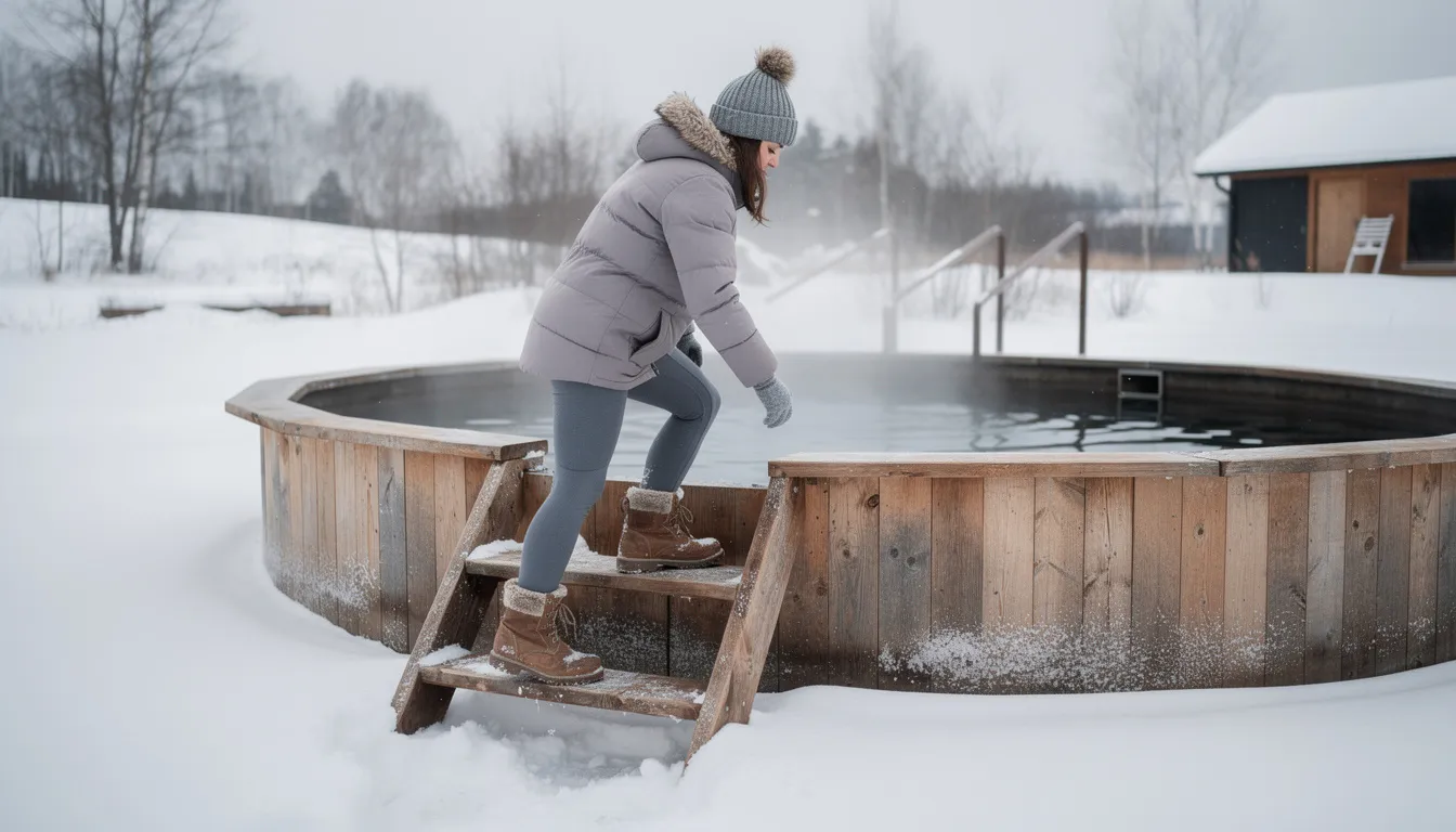 A person dressed in warm winter clothing is carefully stepping into an outdoor cold plunge tub, which is accessible via wooden steps, while snow covers the ground around them. This scene captures the essence of cold water therapy, highlighting the contrast between the icy surroundings and the act of embracing the cold plunge experience.