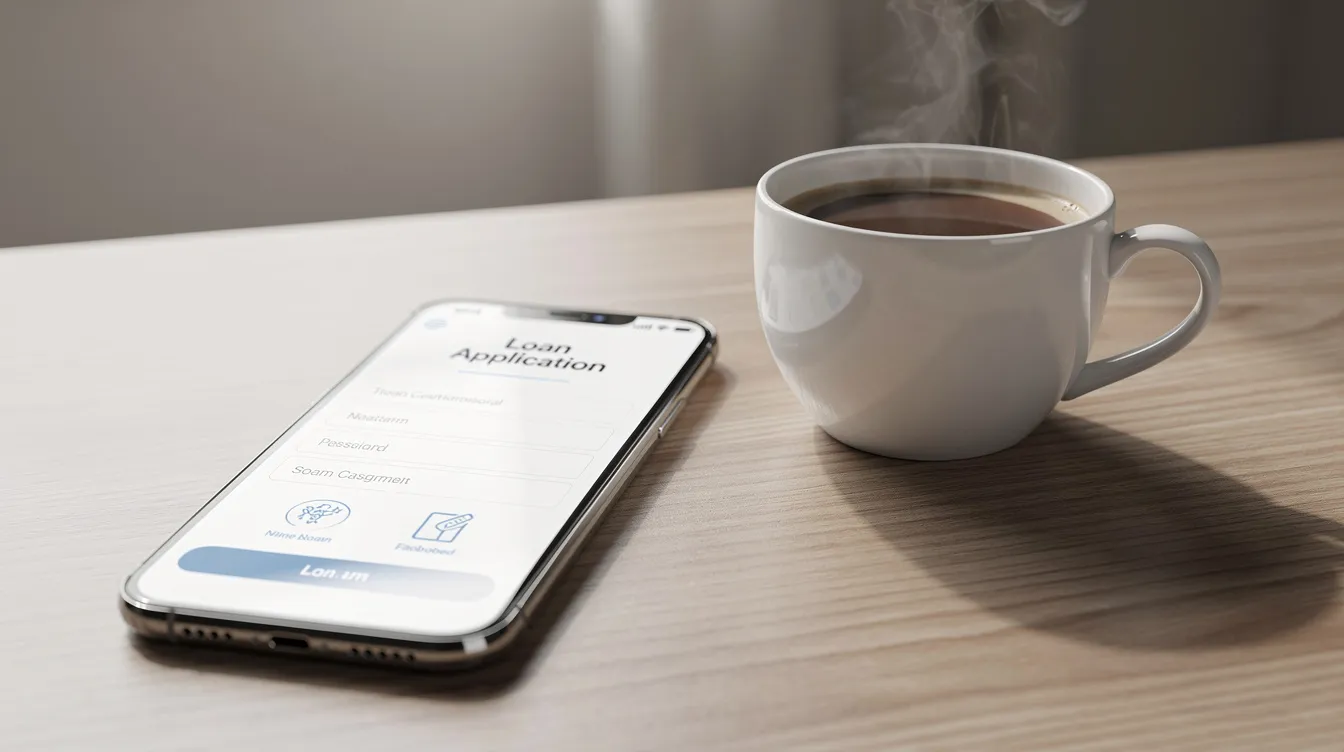 A smartphone rests on a wooden desk, showcasing a clean loan application form on its screen, alongside a cup of coffee, symbolizing the modern services available for 公務員 and new entrants in the 香港特別行政區.