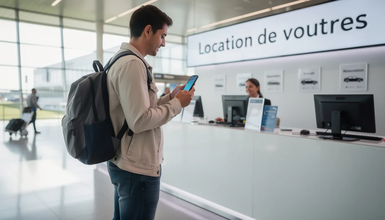 Une personne se tient devant un comptoir de location de voitures dans un aéroport, utilisant son smartphone pour vérifier des informations sur les tarifs et les options de location. L'ambiance est animée, avec d'autres clients attendant également pour leurs réservations.