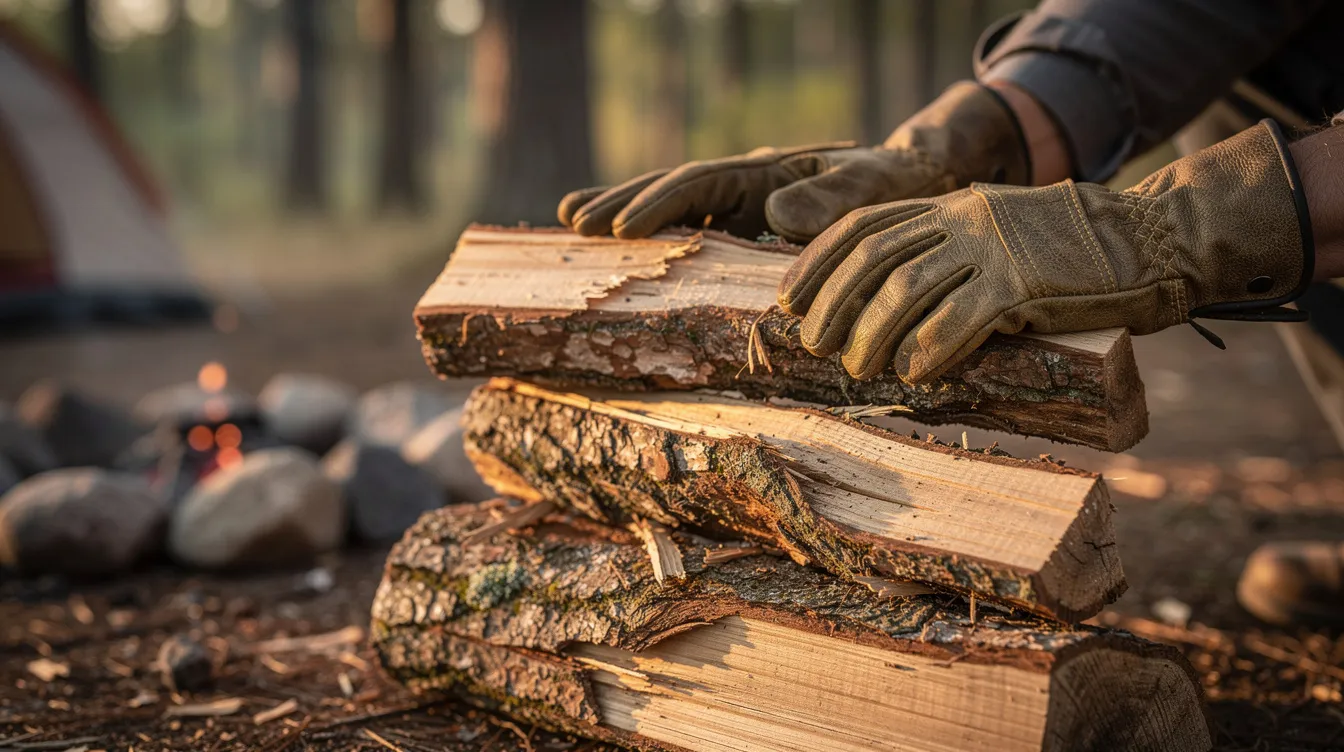 The image shows a close-up of gloved hands carefully handling firewood near a campsite, emphasizing safety and protection while preparing for a fire. The scene conveys a sense of outdoor adventure, with the gloves serving as a safety supply for handling materials.