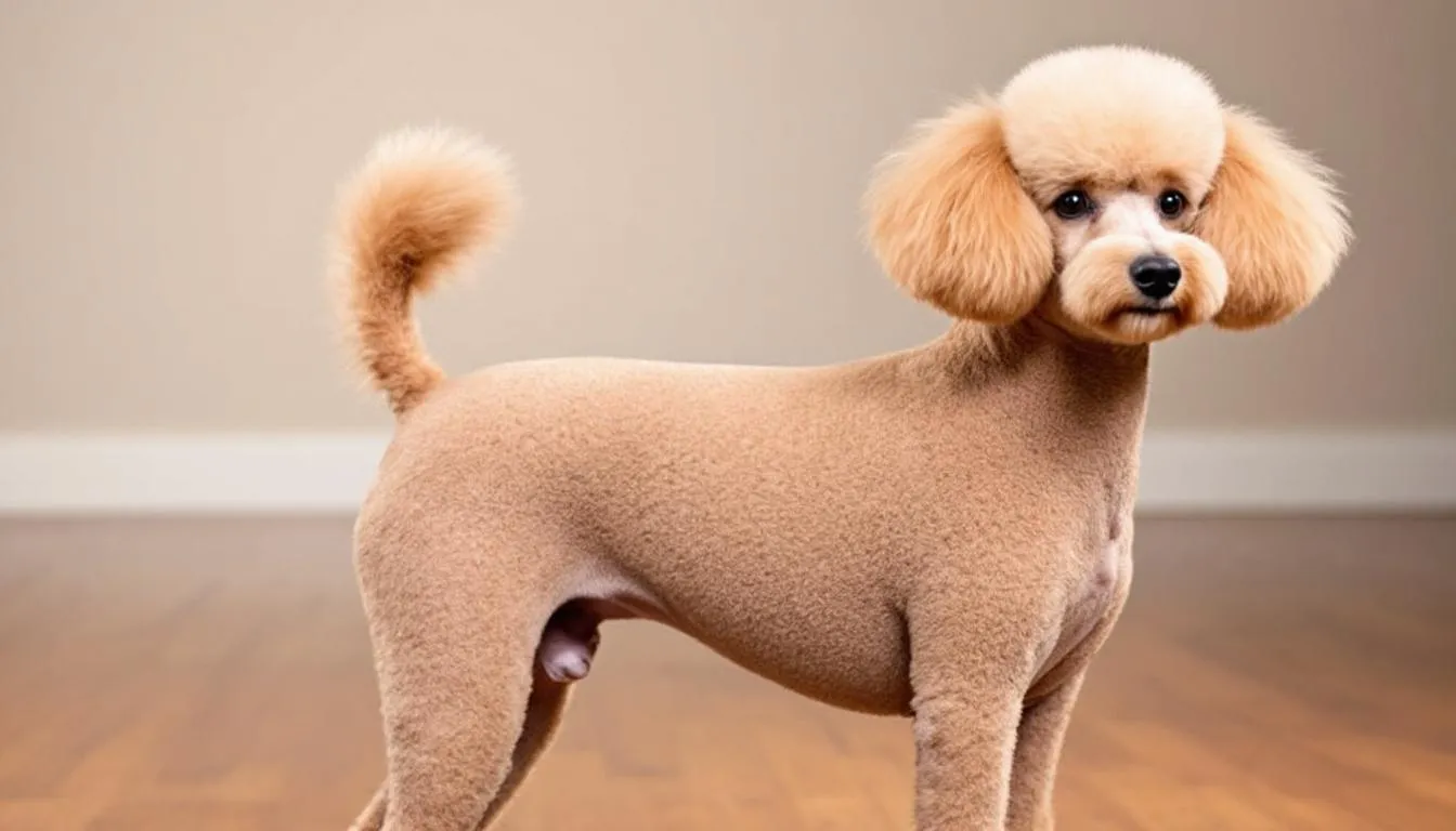 A standard poodle is displayed in a traditional Continental clip grooming style, showcasing its distinctive harsh curly coat in a rich dark brown color. The poodle has dark amber eyes and a tail carried high, exemplifying the breed standard with its properly proportioned body and elegant appearance.