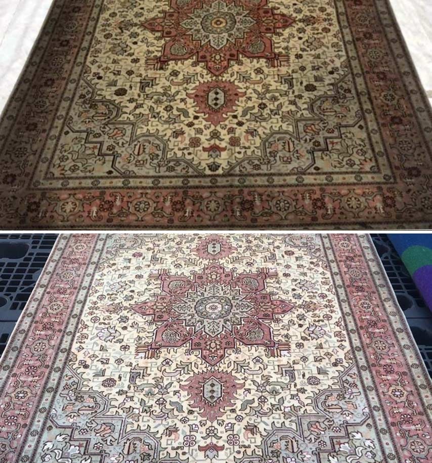 Side-by-side comparison of a decorative Persian-style rug before and after cleaning. The top image shows the rug with a dull, darkened appearance due to dirt. The bottom image displays the same rug looking significantly brighter and cleaner, with vibrant reds, creams, and intricate patterns clearly visible.