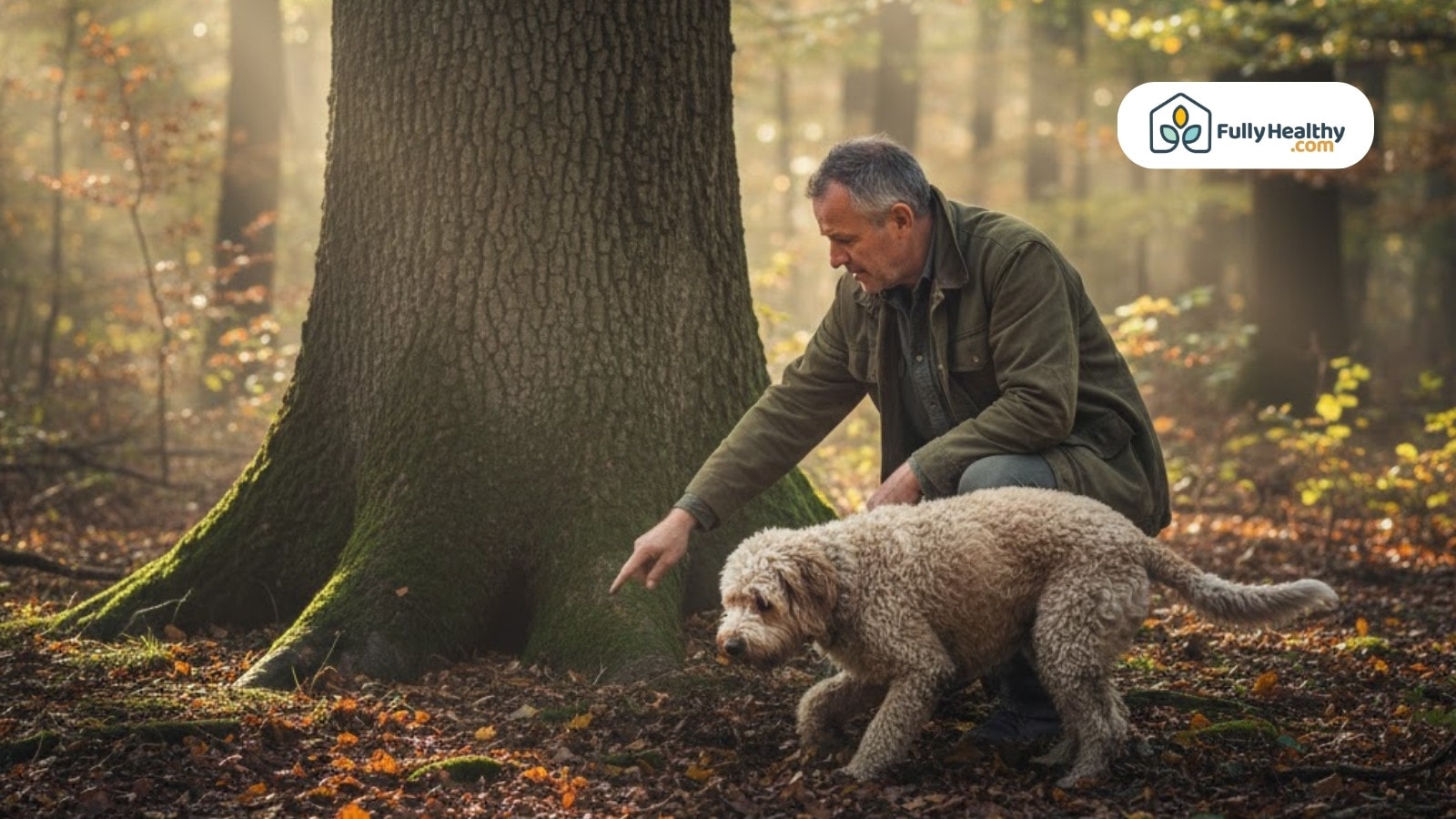 Man and dog searching forest floor for truffles