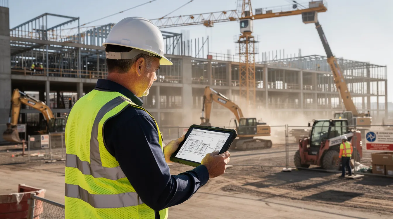 A construction superintendent reviews a tablet on a commercial job site near heavy equipment, reflecting equipment tracking and fleet decision-making on active projects.