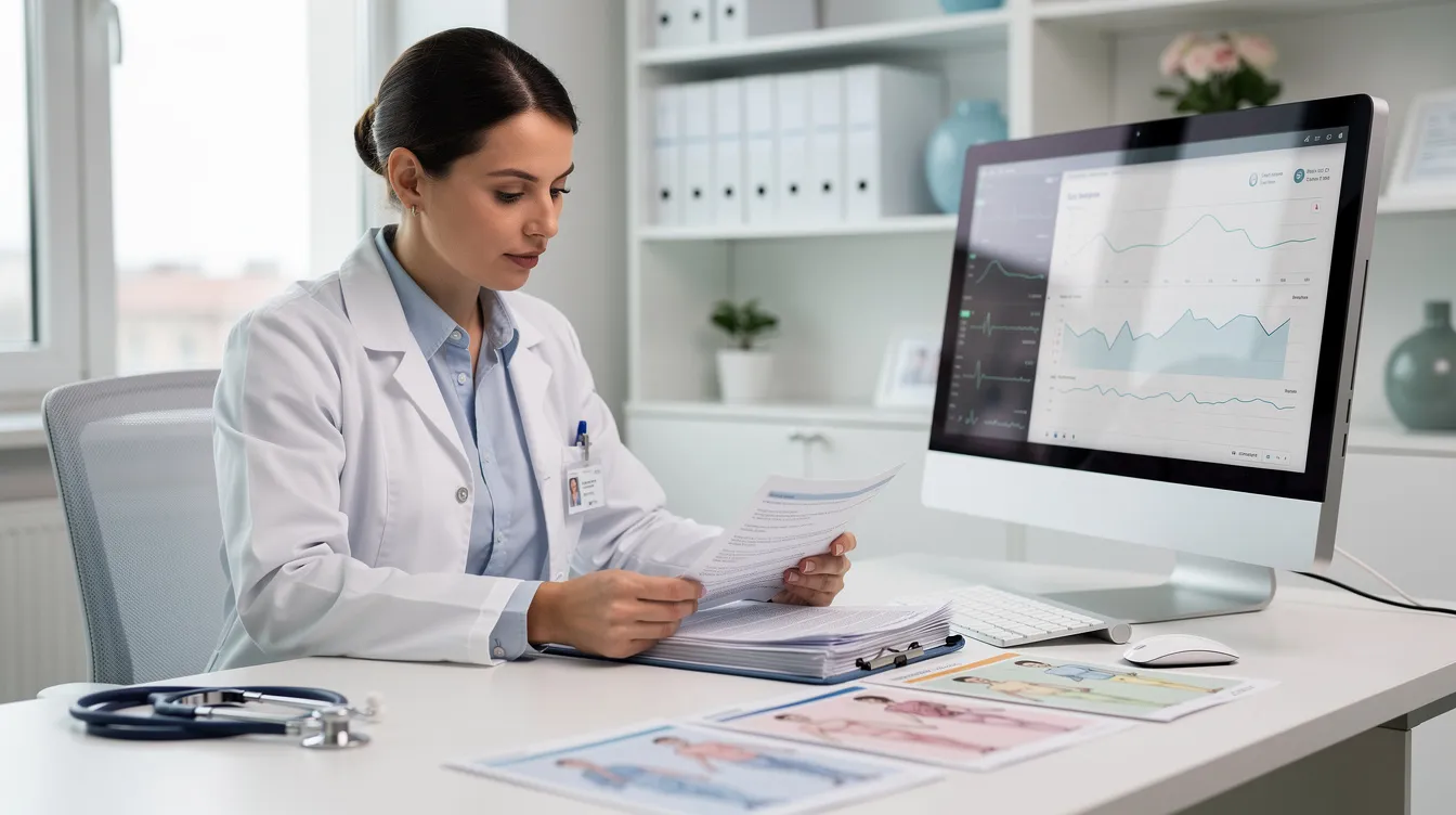 A medical professional is seated at a modern office desk, intently reviewing documents and charts, likely related to personal injury cases. The environment suggests a focus on providing legal representation for injury victims, emphasizing the importance of thorough medical records in pursuing fair compensation for serious injuries.