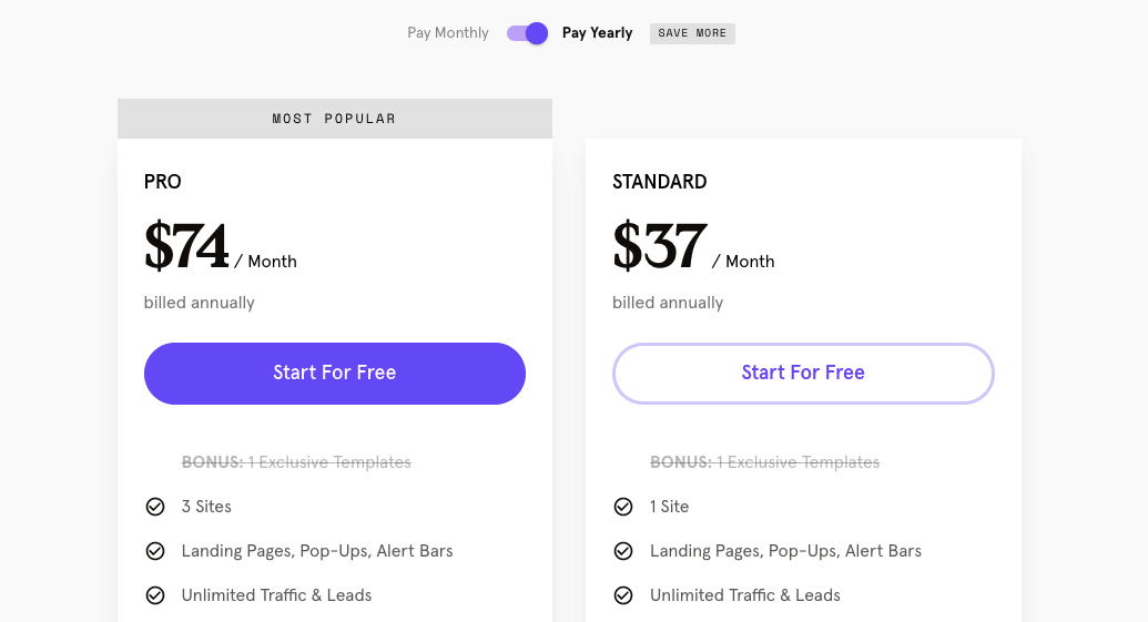 Pricing for Leadpages Yearly