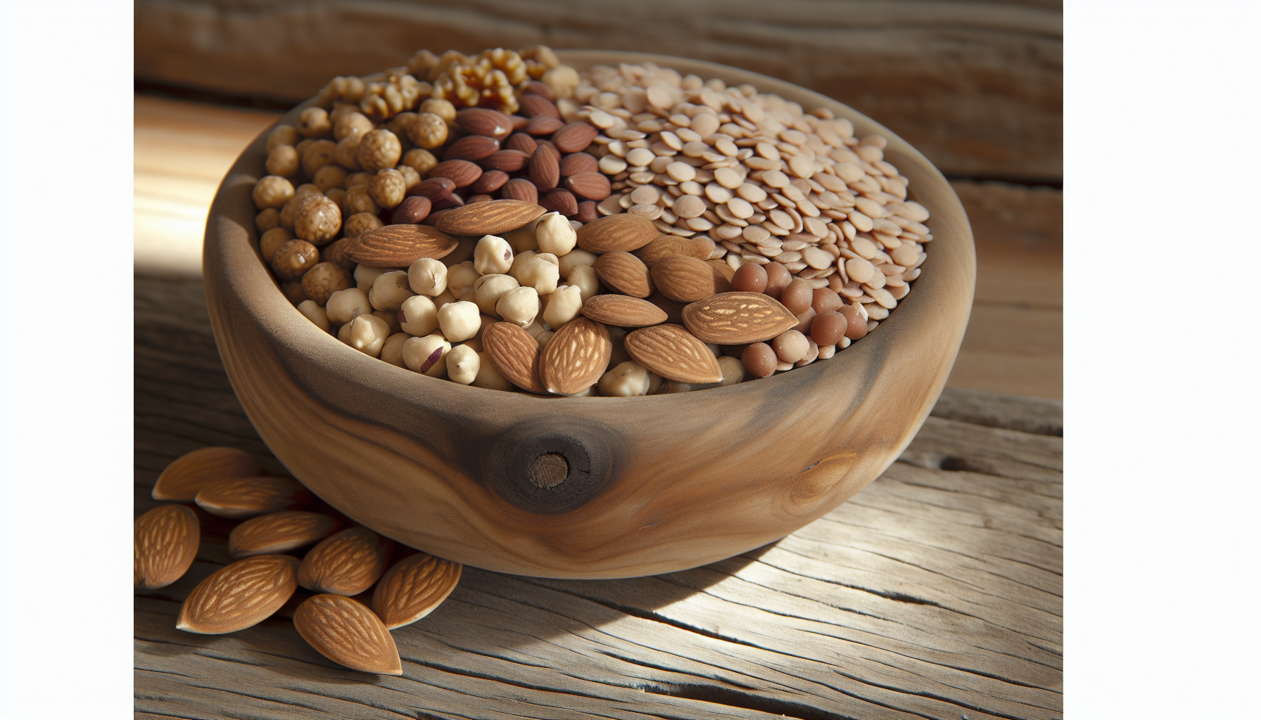 Assorted nuts and legumes in a wooden bowl