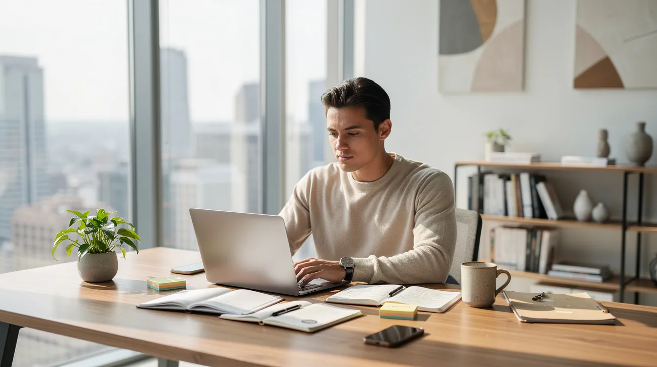 A professional writer is seated at a modern desk, surrounded by notebooks and a laptop, focused on creating high-quality content in an office setting. The environment reflects a commitment to effective SEO strategies and content creation, aimed at improving search engine visibility and engaging the target audience.