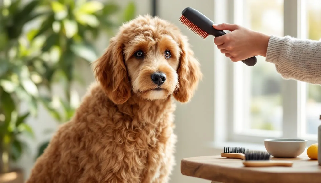 A goldendoodle with a plush, curly coat is being thoroughly brushed during the grooming process, with professional grooming tools such as a slicker brush and metal comb laid out nearby. The dog