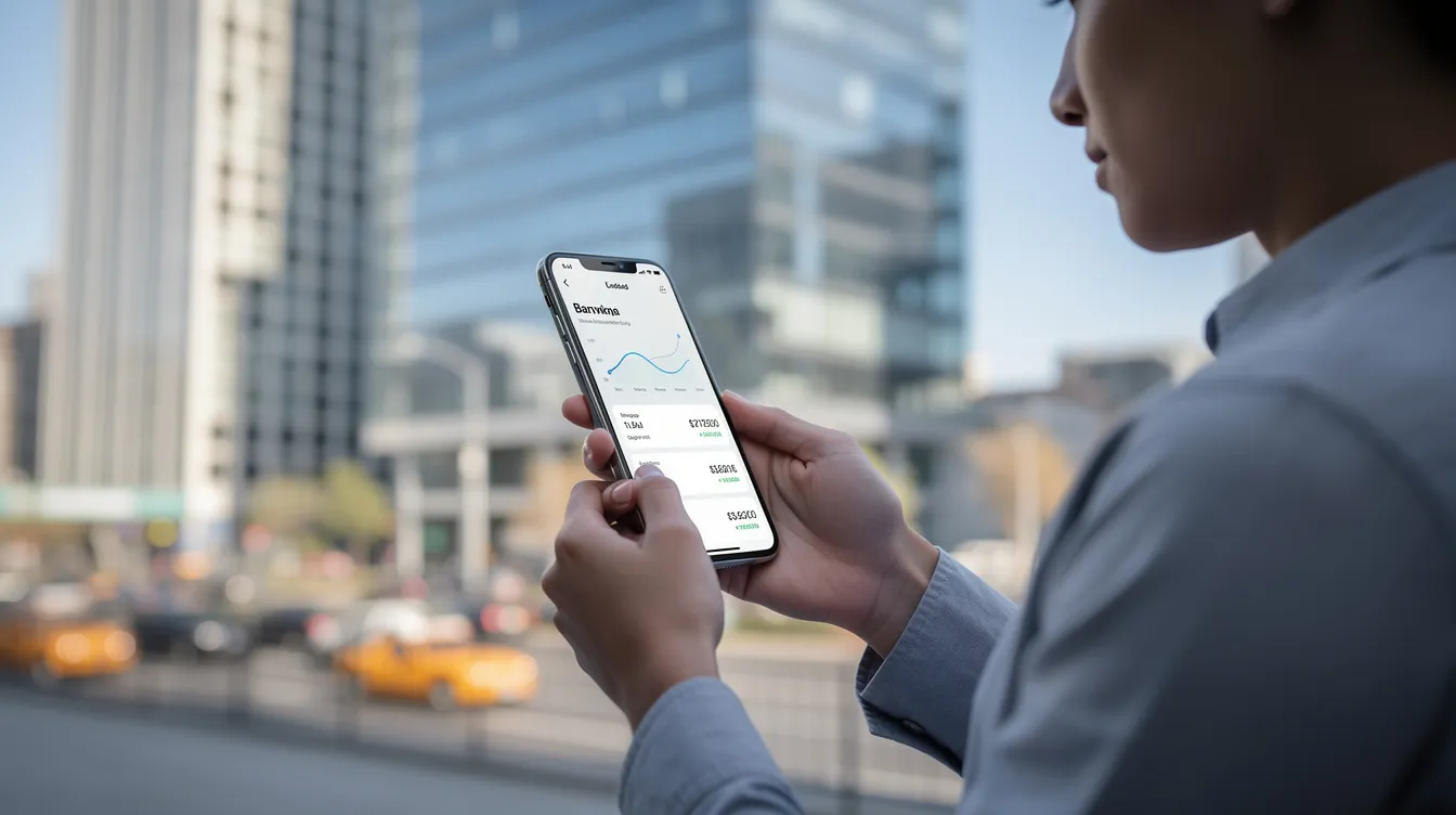 A person is using a smartphone for mobile banking, with a vibrant cityscape in the background. The image highlights the convenience of managing finances on-the-go, which is essential for professionals like 公務員 and other specialists seeking low-interest loans or financial services.