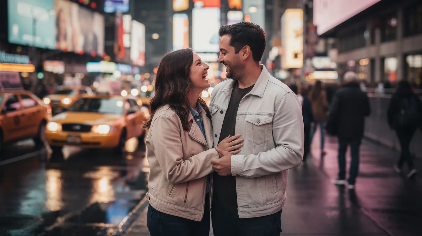 A couple in New York City enjoys a romantic evening together, sharing laughter and conversation as they explore the vibrant atmosphere of the city. Their connection reflects a budding love story, showcasing the fun and excitement of dating in the early stages of their relationship.