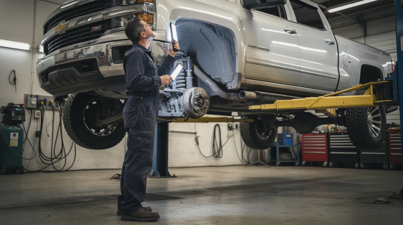 A mechanic in coveralls is inspecting the undercarriage and frame of a silver Chevrolet pickup truck, specifically a used Chevy Silverado, positioned on a hydraulic lift. The scene highlights the attention to detail in maintaining the reliability and towing capabilities of this light-duty pickup truck.