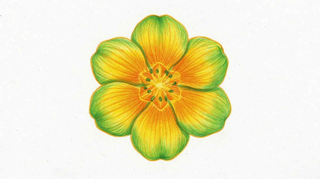 A vibrant colored pencil illustration of a flower showcases smooth gradient transitions from luminous lemon yellow to warm orange and rich green, highlighting the exceptional quality and blending capabilities of holbein artists colored pencils. The artwork is a stunning example of blending and layering techniques, capturing the intricate details of the flower's form.