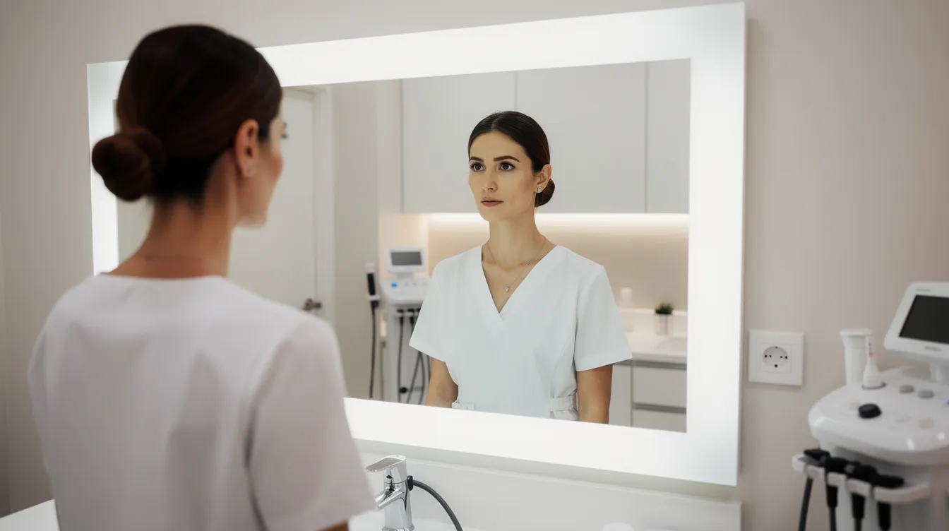 Una persona está observando su perfil facial frente a un espejo en una clínica estética, evaluando la acumulación de grasa en la zona del cuello y debajo del mentón, lo que podría indicar un interés en procedimientos como la liposucción de papada para mejorar su contorno facial.