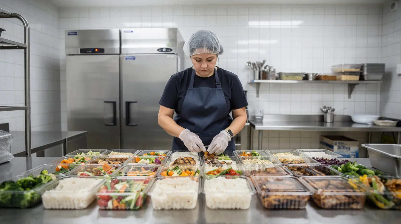 The image depicts a small commercial kitchen featuring stainless steel counters, where an individual is busy preparing food containers for delivery, highlighting a potential profitable business venture in the food and beverage industry. This scene reflects the organization and efficiency necessary for running a successful small business focused on catering or meal delivery services.