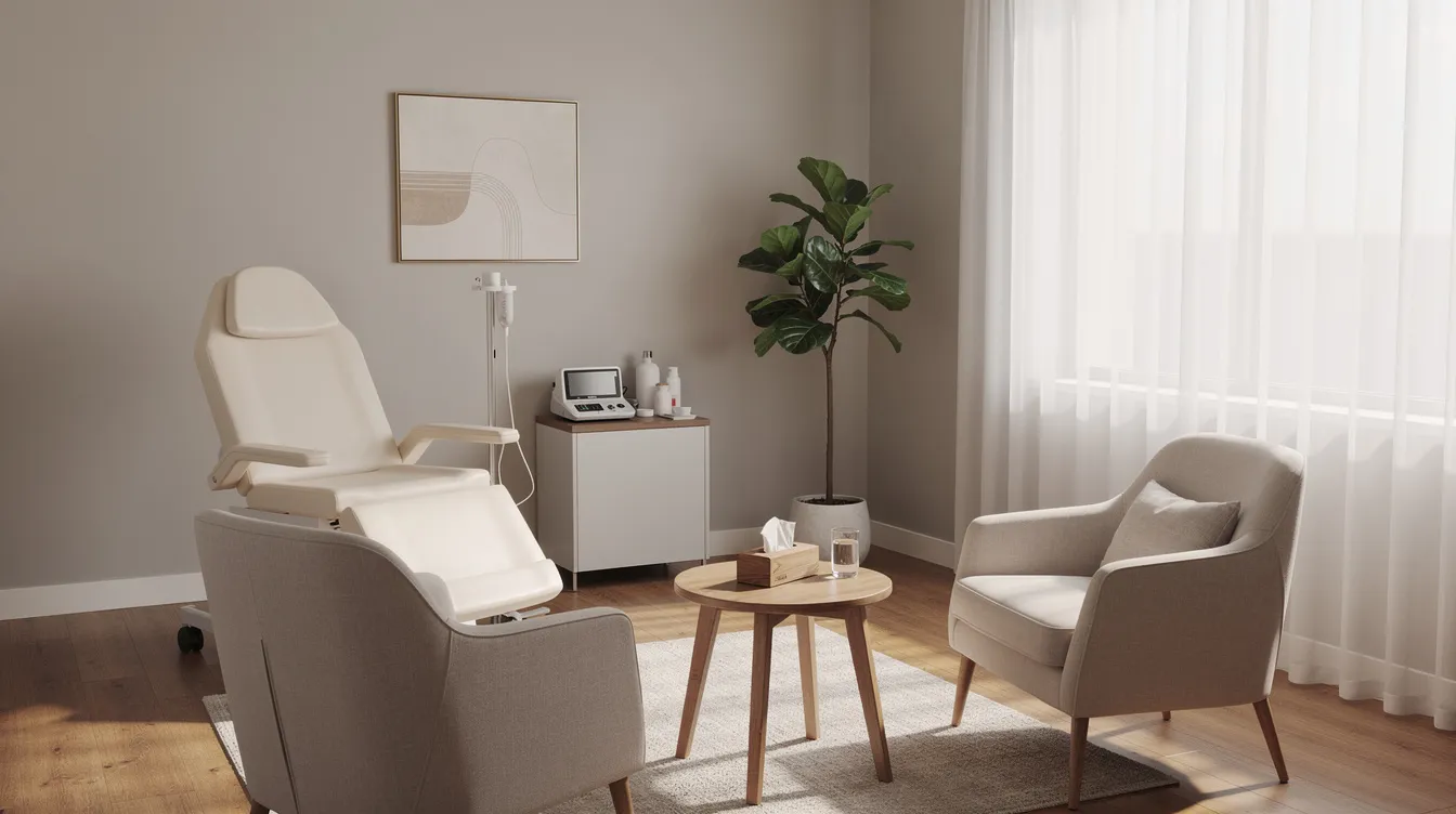 The image depicts a calm medical consultation room featuring comfortable seating and ample natural lighting, creating a welcoming environment for patients experiencing withdrawal symptoms or seeking treatment for prescribed opiate dependence. This serene space is designed to facilitate discussions about patient behaviors and the management of addiction medicine.