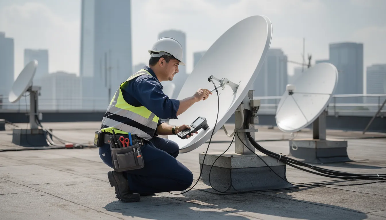 A professional technician is seen adjusting a satellite dish on a rooftop, ensuring optimal signal reception for DSTV installation services. This skilled DSTV installer is focused on fine-tuning the equipment to provide uninterrupted viewing for customers in Brackenfell.