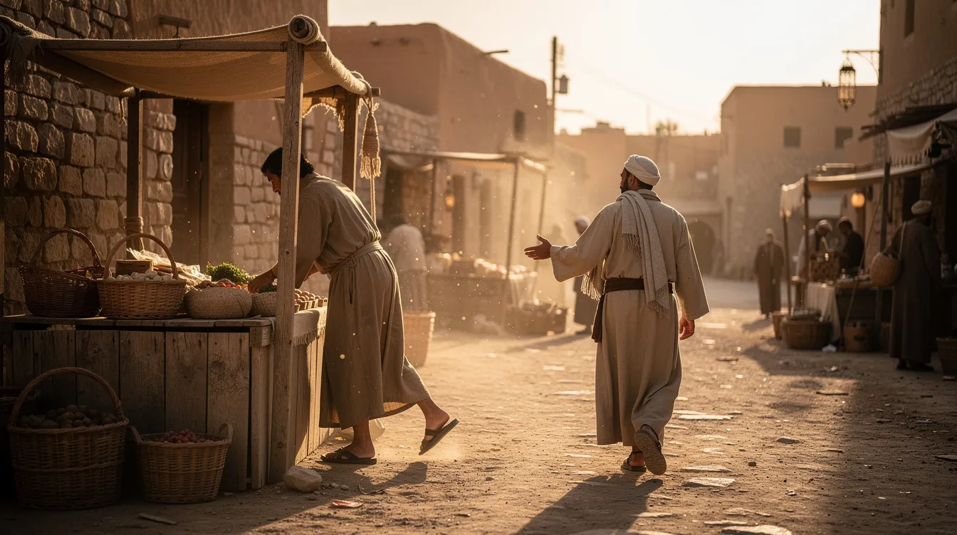 A person is seen rising from a wooden market stall, ready to follow Jesus along a dusty road in an ancient town, reflecting the life of tax collectors in the Roman Empire. This scene captures the moment of faith and transformation as many tax collectors, often viewed as traitors by their own people, are called to seek God's mercy and righteousness.