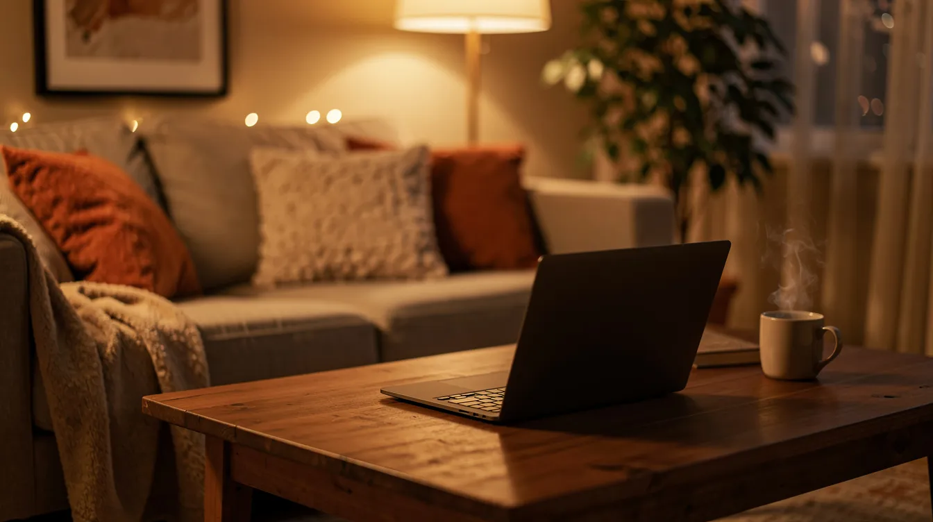An open laptop sits on a cozy coffee table in a warmly lit living room, surrounded by comfortable seating that invites relaxation and connection. This inviting space could serve as a setting for virtual sessions in somatic therapy or talk therapy, promoting emotional regulation and healing.