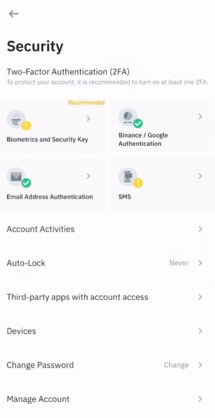 Binance app security section