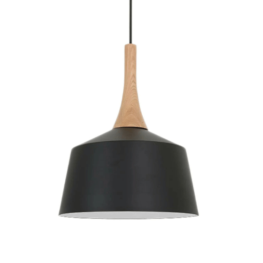 Modern pendant light with a matte black wide conical shade and a natural wood accent at the top, suspended by a black cord.