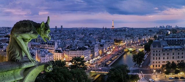 The gargoyles of Notre Dame overlooking the city of Paris, France