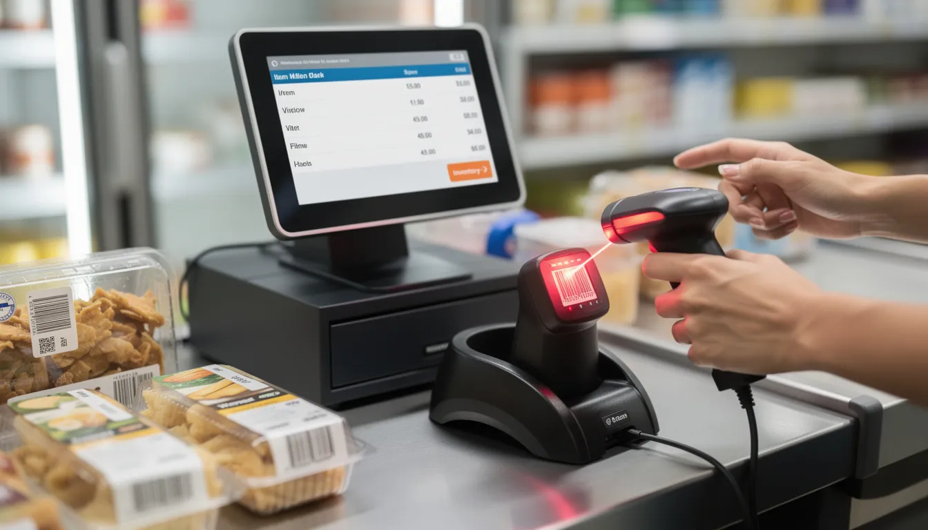 The image depicts a modern cash register equipped with a barcode scanner, enabling cashiers to efficiently ring up purchases by scanning items instead of manual entry. This point of sale (POS) system enhances checkout speed, reduces errors, and aids in real-time inventory management, contributing to improved customer satisfaction.