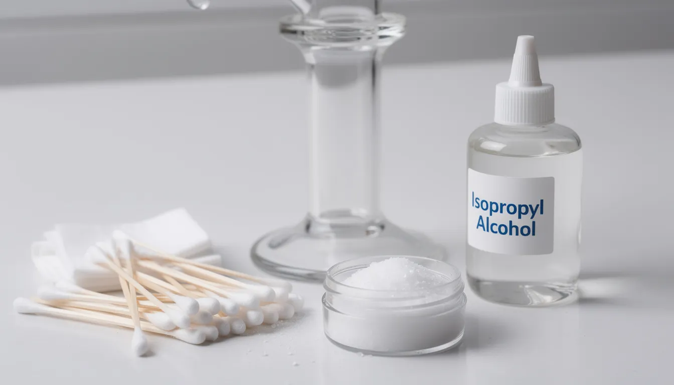 The image features a glass dab rig alongside essential cleaning supplies, including a bottle of isopropyl alcohol, cotton swabs, and coarse salt, highlighting the importance of regular maintenance for optimal performance of dab rigs. The setup suggests a focus on maintaining high-quality borosilicate glass for an enhanced dabbing experience.