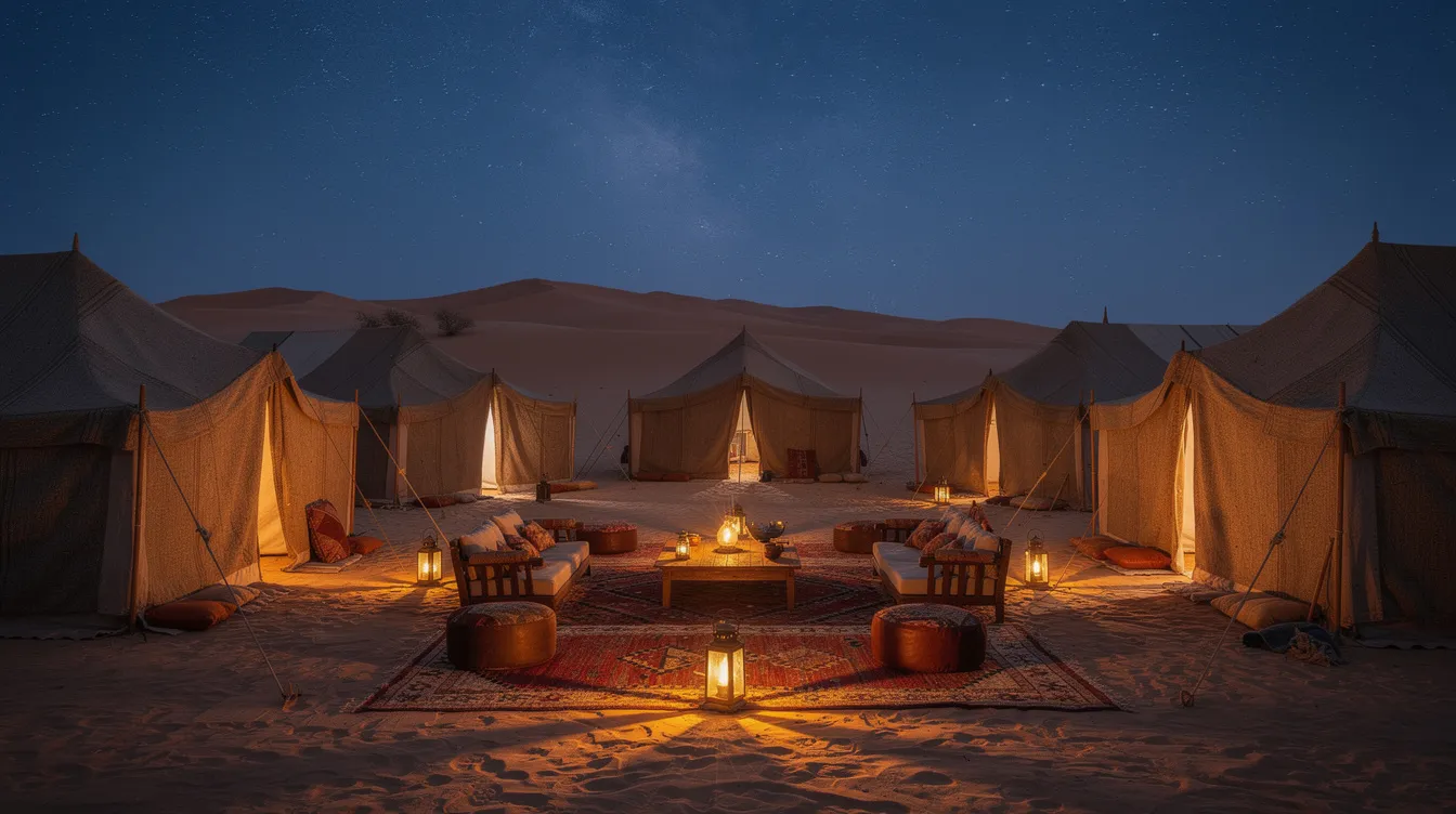 A traditional Berber tent camp is illuminated by warm lantern light under a starry sky in the Sahara Desert, creating a magical atmosphere amidst the vastness of the golden dunes. This serene setting invites visitors to experience the deafening silence of the night while enjoying mint tea and the local culture.