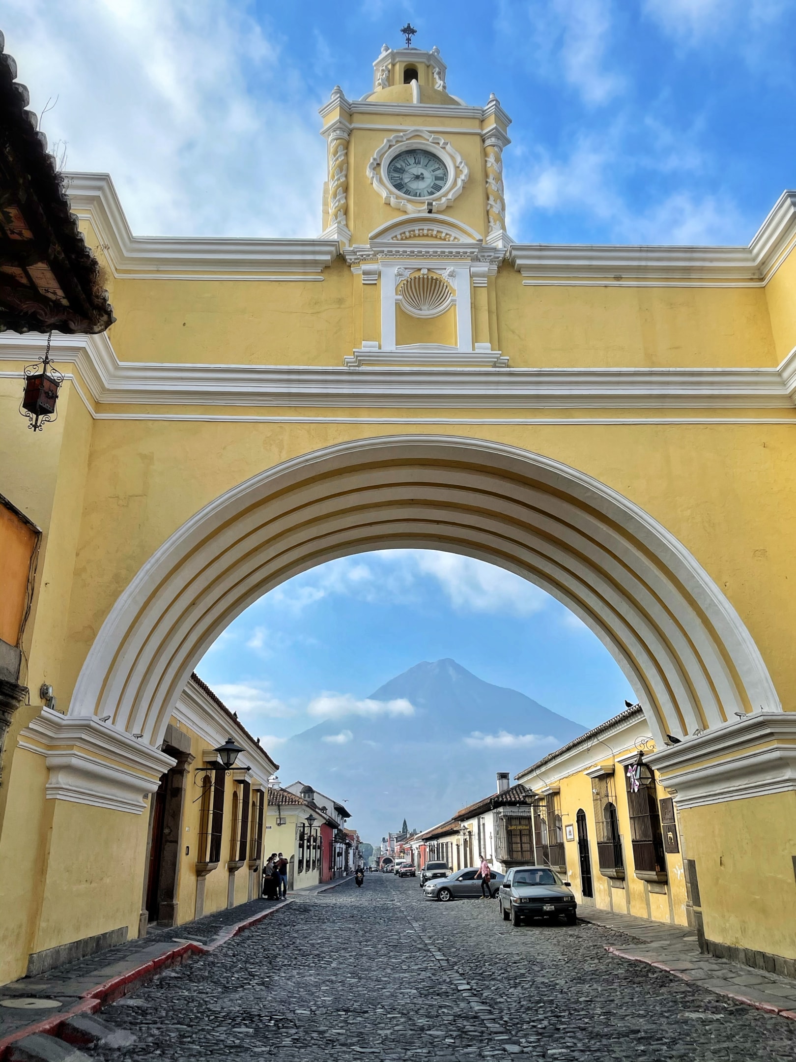 View of Antigua architecture with a volcano in the background