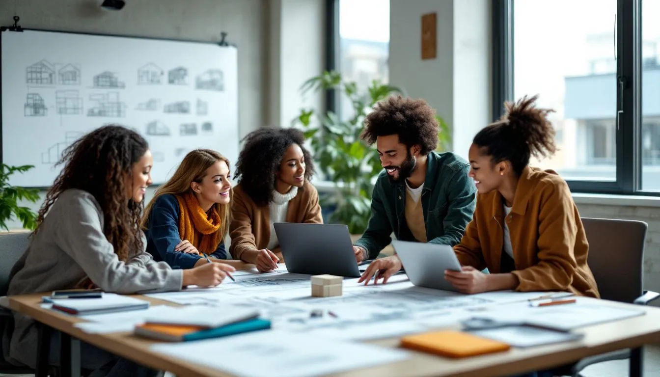 A diverse group of architecture students is gathered around a table, collaborating on a design project, showcasing their extensive knowledge and new skills. They are engaged in discussions, sharing ideas and materials, as they work towards a better understanding of the challenges in their future careers as licensed architects.