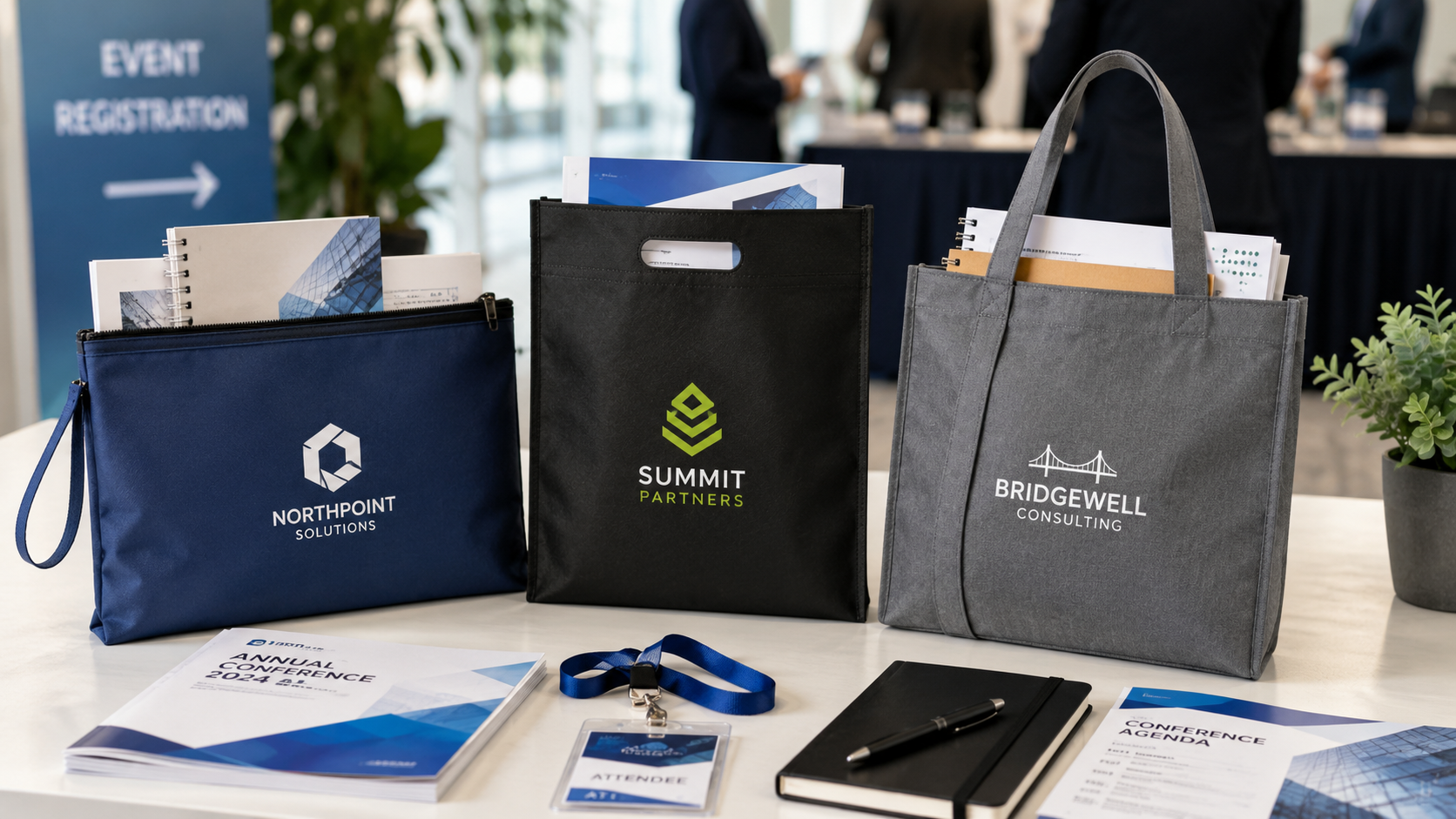 Custom conference document bags for brochures, notebooks, badges, agendas, and business event materials