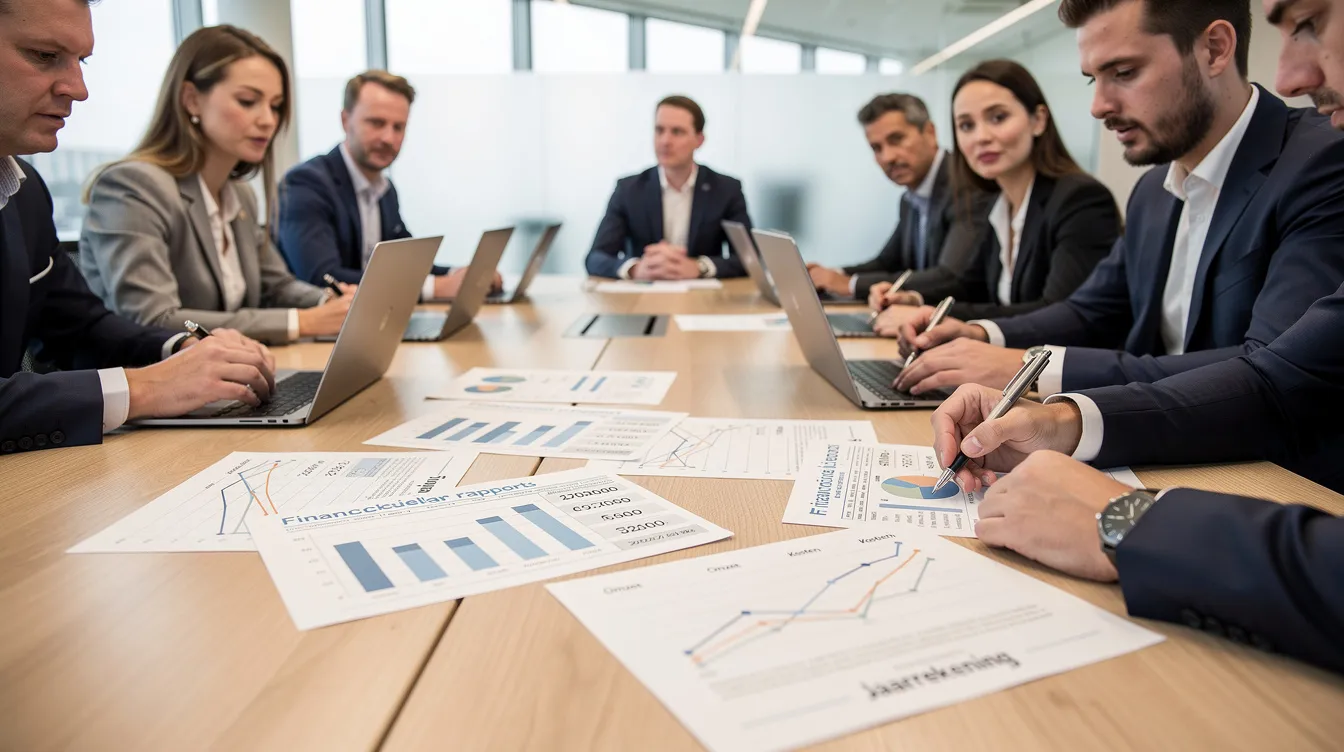 Een groep ondernemers zit aan een tafel en bekijkt samen financiële documenten, zoals een vennootschapscontract en administratieve verplichtingen. Ze bespreken belangrijke aspecten van hun vennootschap onder firma (vof), waaronder aansprakelijkheid en onderlinge afspraken tussen de vennoten.