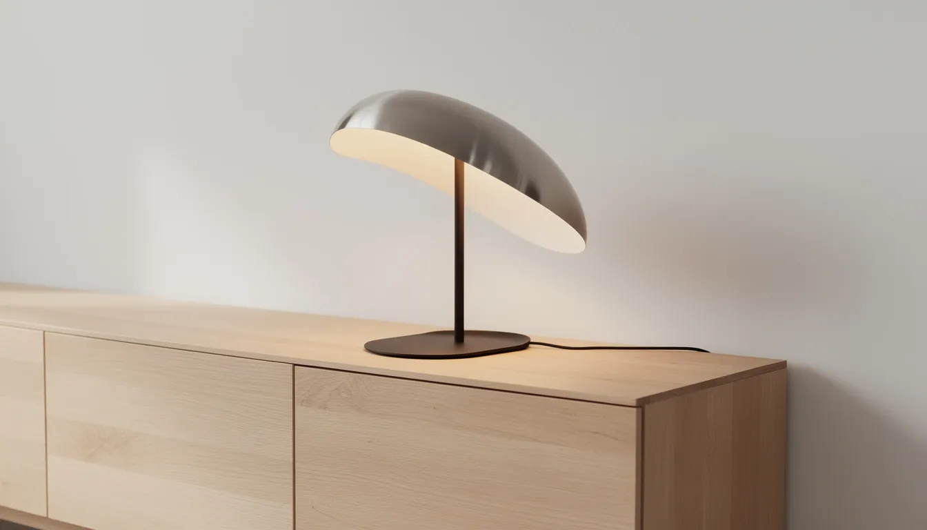 En skulptural bordslampa med en böjd metallskärm står på en minimalistisk träbyrå. Lampan, som representerar italiensk design, ger ett tidlöst och elegant intryck i hemmet.