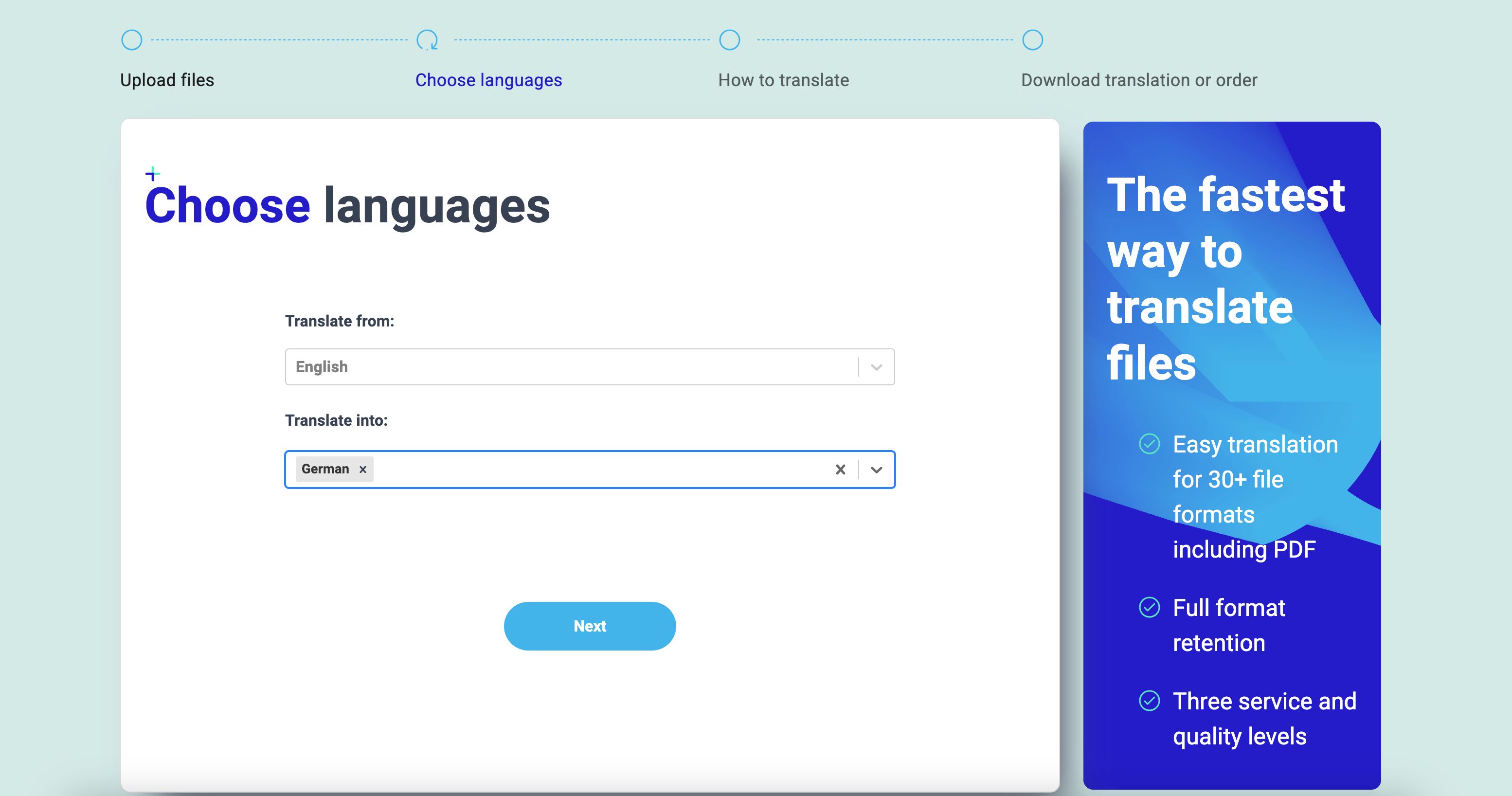 Showing the "Next" button after selecting the source and target language(s) - Cheap translation service